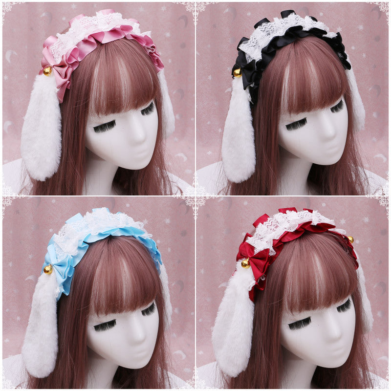 Handmade Lolita Lace Animal Ear Headwear Plush Bunny Ear Hairband Accessories