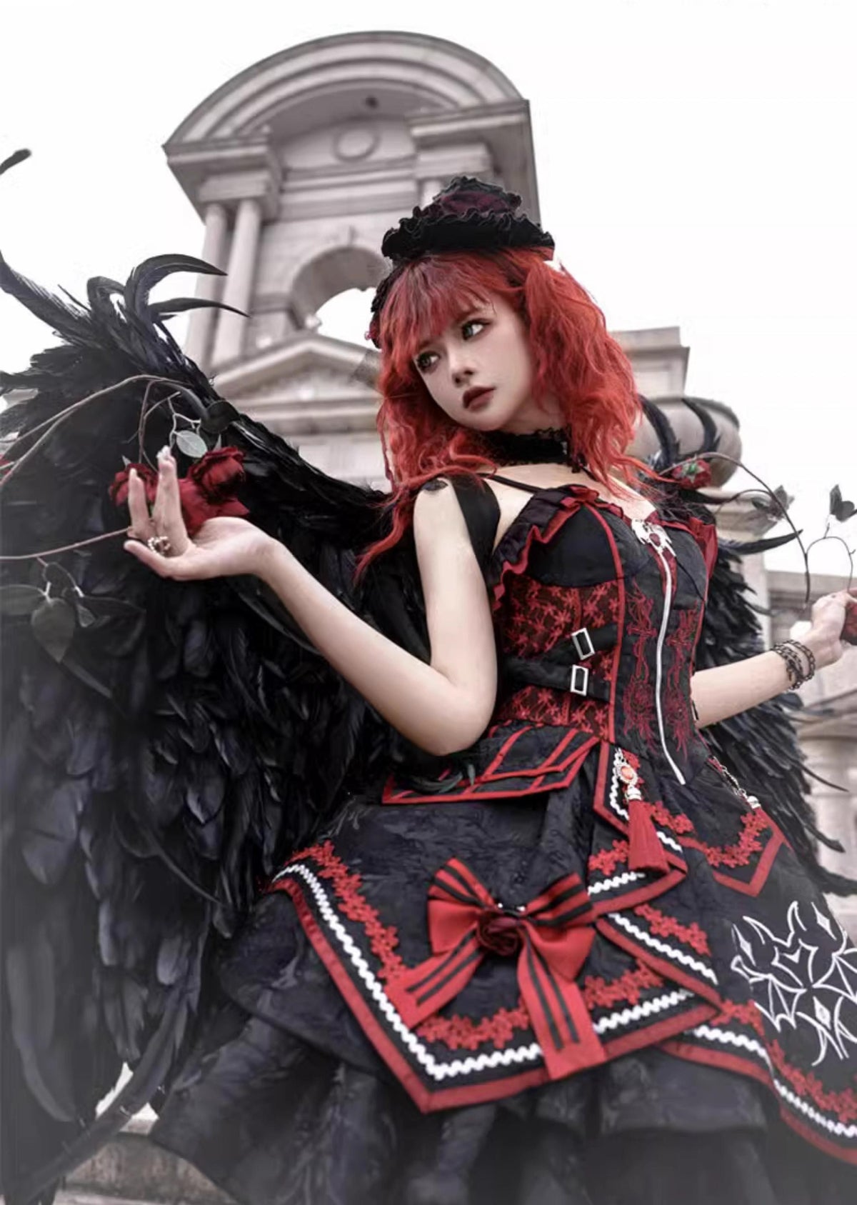 OCELOT - Dark Bat Motion - Black-and-Red Gothic Lolita JSK Dress with rose and cross embroidery - product detail 5