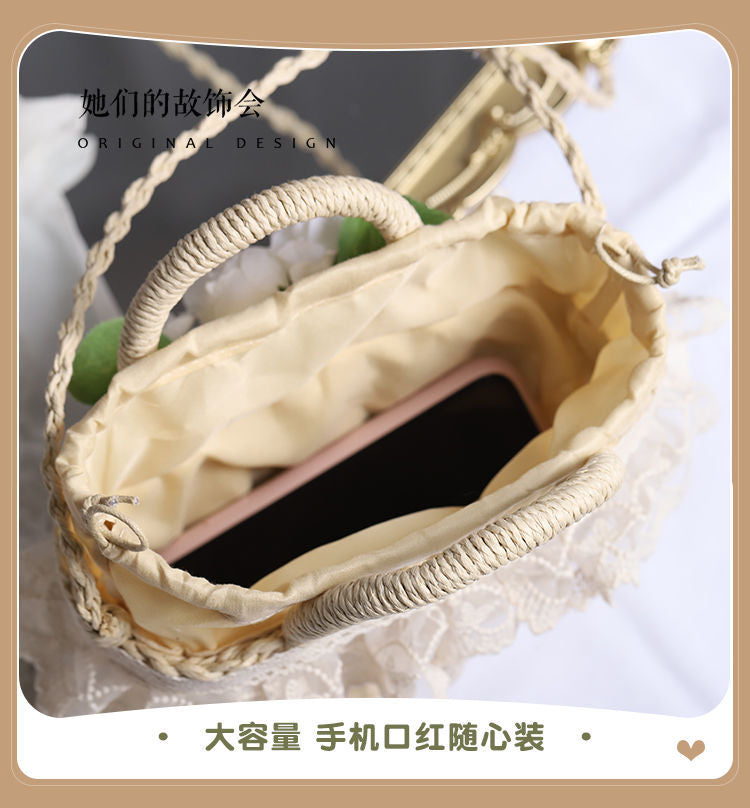 Handbag Paper Straw Woven Original Handmade Lace Flower Lolita Soft Girl Pastoral Style 2022 New Beach Bag - Lolita Fetch
