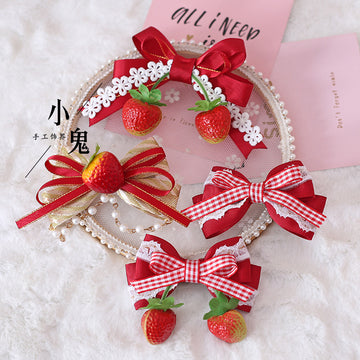 Strawberry Sweet Lolita Plaid Bow Hair Clip Hair Accessory Mori Style Strawberry Side Clip Japanese Soft Girl Cute Girl