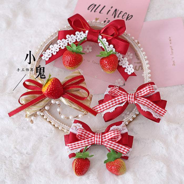 Strawberry Sweet Lolita Plaid Bow Hair Clip Hair Accessory Mori Style Strawberry Side Clip Japanese Soft Girl Cute Girl