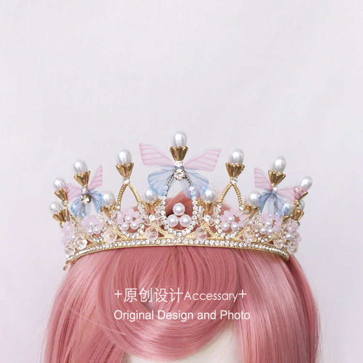 Lolita Girl Crown European Court Retro Pearl Butterfly Rhinestone Hair Crown Crown Tiara Headwear Collection