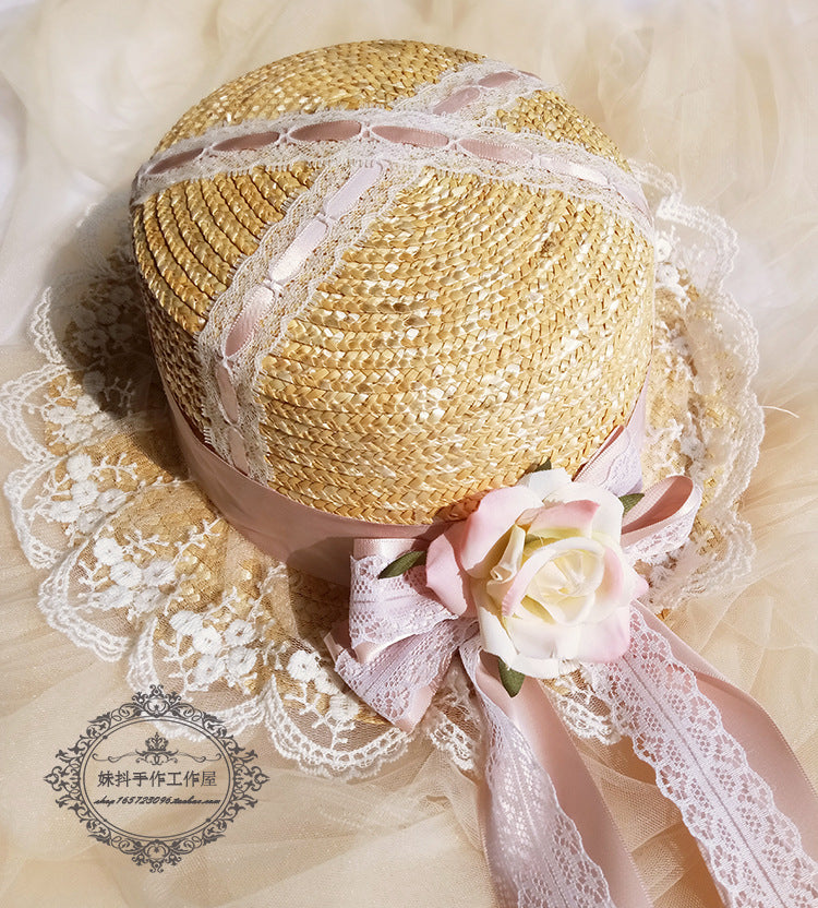 Colorful handmade Lolita straw hat with lace and long ribbons, flat top sunshade, perfect for sweet soft girl fashion.