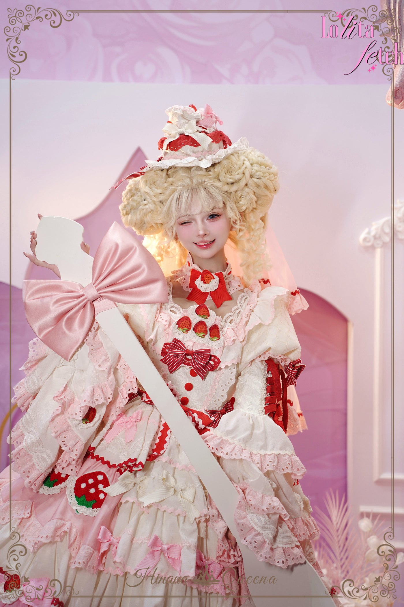 Gorgeous strawberry-themed Lolita Fetch wedding dress, JSK and OP style, with intricate lace and floral details, perfect for wedding or party wear.