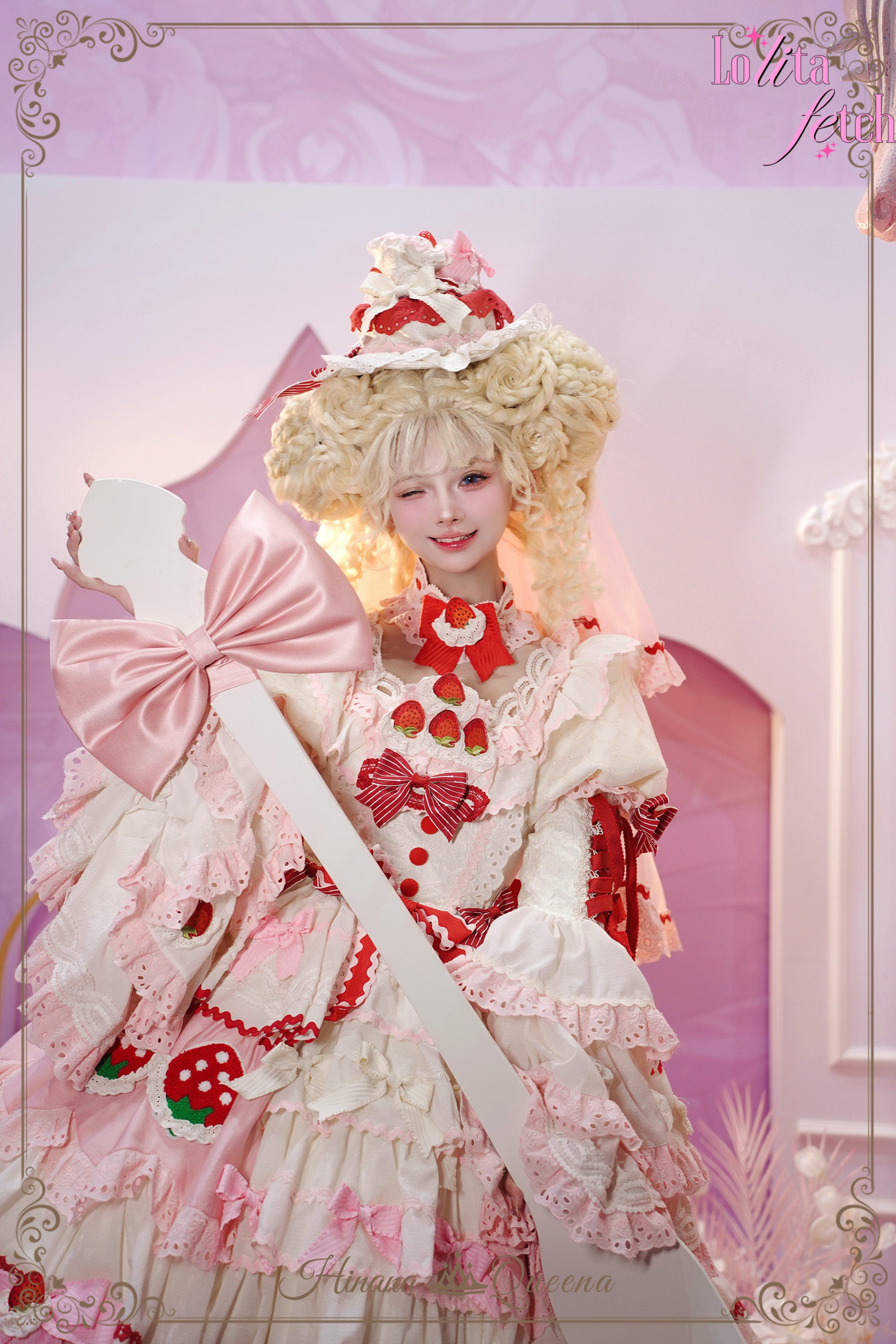 Gorgeous strawberry-themed Lolita Fetch wedding dress, JSK and OP style, with intricate lace and floral details, perfect for wedding or party wear.