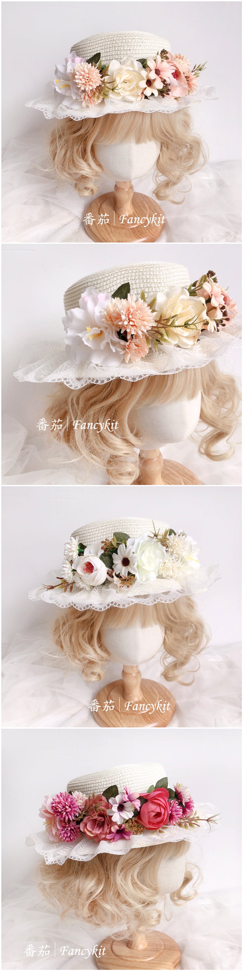 Handmade Lolita Retro Artificial Flower Straw Hat Bonnet French Pastoral Hat Photo Hat Sun Hat - Lolita Fetch