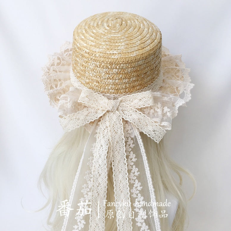 FanQ Handmade [Xuanxia] Mori Girl Style Bowknot Straw Hat Lolita Natural Color Lace Wide Brim Hat Summer Sunshade