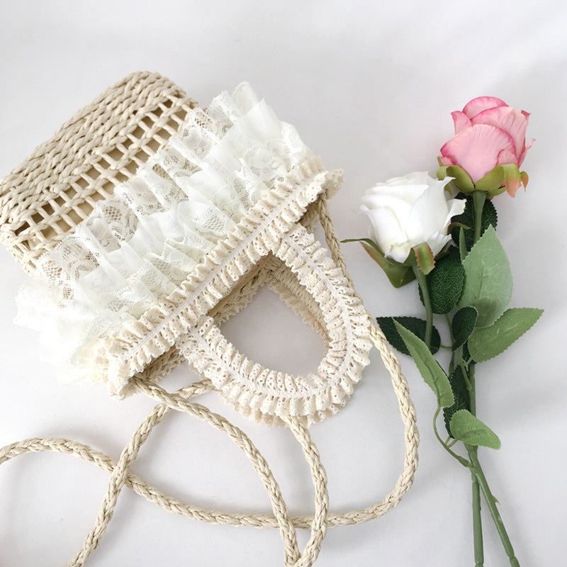 Straw Handbag Original Handmade Lolita French Pastoral Style Lace Edge Soft Girl Mori Beach Woven Bag for Women