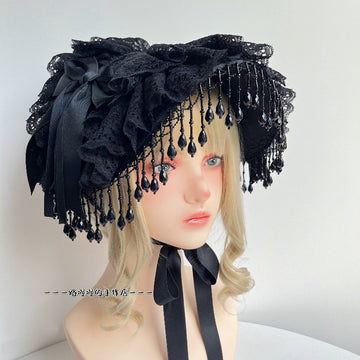 Original Lolita Handmade Gothic Dark Widow Hat Black Pearl Tassel Lace Black Rose Feather Photo Prop