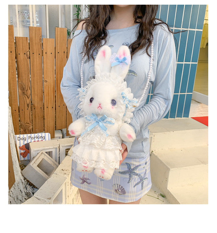 Lop-Eared Bunny Lolita Pearl Chain Doll Bag – 2025 Cute Bow Plush Shoulder Bag