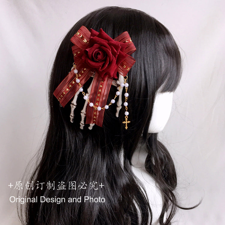 Halloween Gothic Lolita Pearl Chain Hair Clip Dark Style Skull Claw Wing Bow Hair Clip Brooch - Lolita Fetch