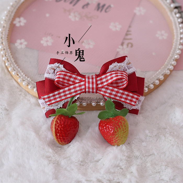 Strawberry Sweet Lolita plaid bow hair clip by LolitaFetch, featuring a cute side headdress with soft girl Mori style charm.