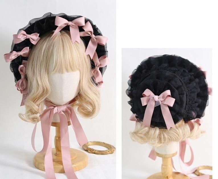 Xiaogui - Classic Lolita Lace Bonnet Hat - Detachable Bows Headwear