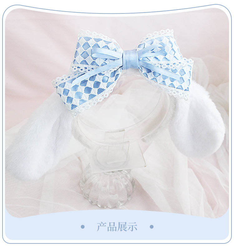 Handmade plush big-eared dog headband by LolitaFetch, soft plush Lolita hair accessory with large dog ears.