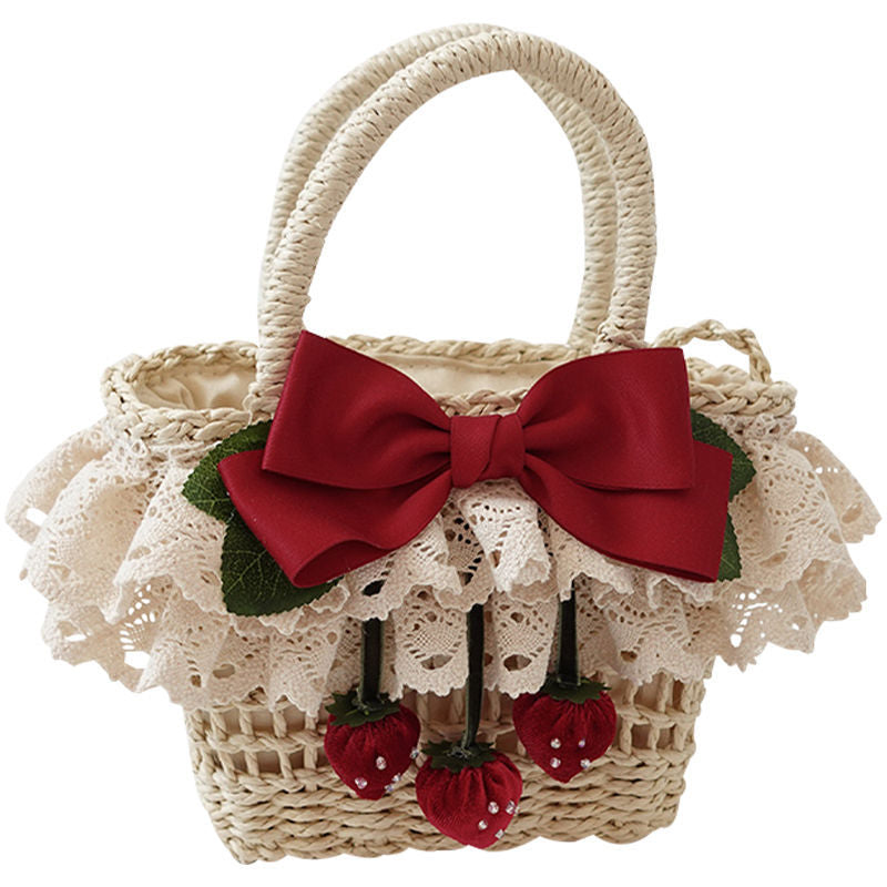 Lolita Bag for Women 2022 New Strawberry Flower on the Hill Handmade Small Item Lolita Spring Outing Straw Bag