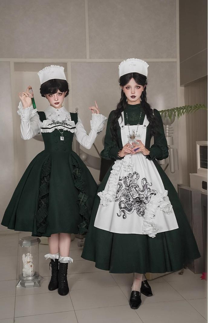 With PUJI - Abyss Clinic - Gothic Lolita Green Dress Set, Embroidery Accent