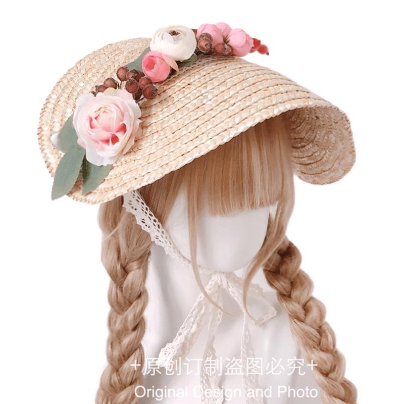 Handmade Straw Hat Flat Hat Lolita Handmade Tea Party Pastoral Bonnet