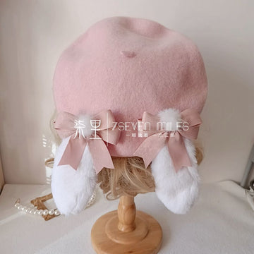 Long-Eared Rabbit  Beret Handmade Bow Lolita Girl Sweet Cute Woolen Hat for Women