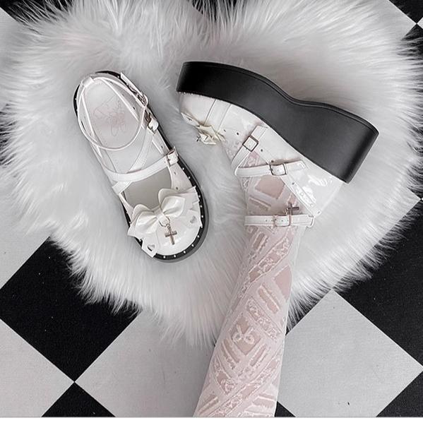BONDORA - Devil Cross - Black or white Punk Lolita platform shoes with bow and cross-shaped accents - product detail 6