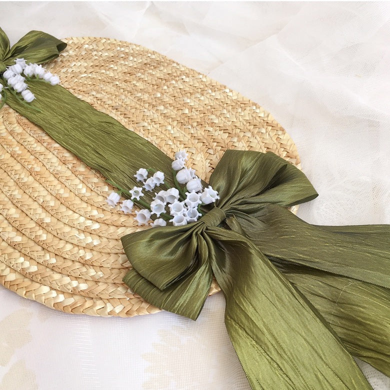 Original French Pastoral Lolita Handmade Lily of the Valley Forest Style Bowknot Bnt Flat Hat Straw Hat Photo Shoot Catwalk Cla