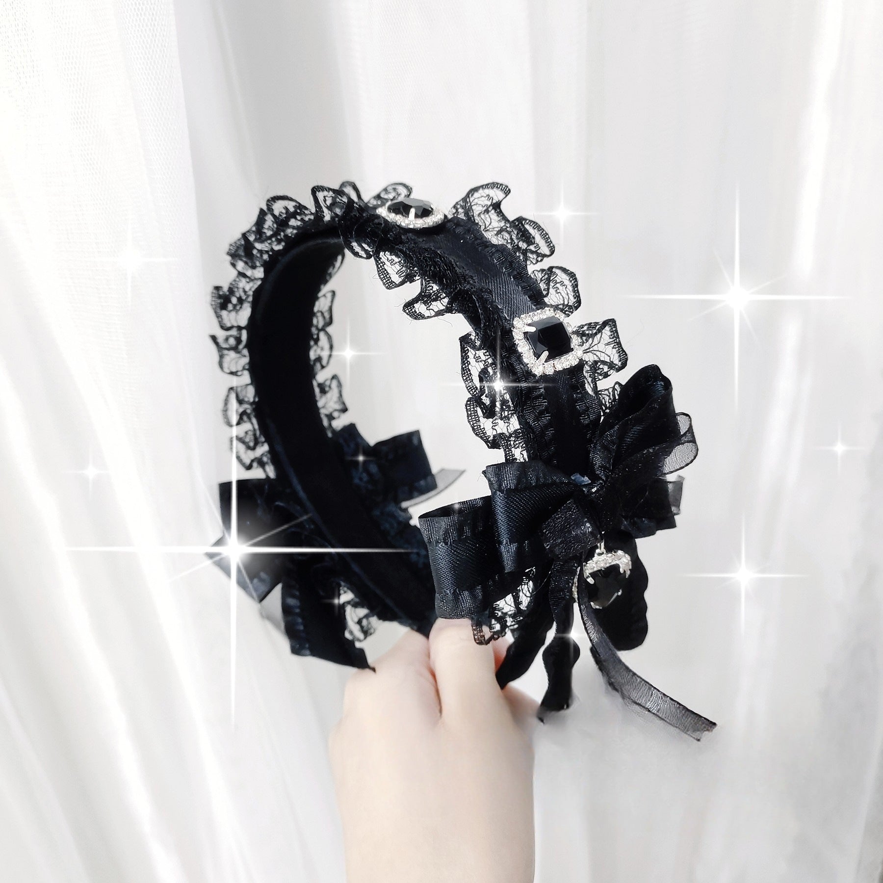 Original Handmade Lace Heart Rhinestone Bow Lace Headband Lolita Hair Accessory