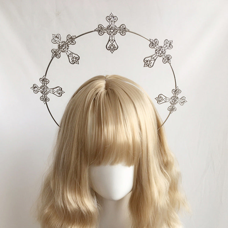 Lolita Virgin Mary Halo Headband Wheat Cross Feather Church Pope Gold Hair Accessory Catwalk Photo Prop - Lolita Fetch