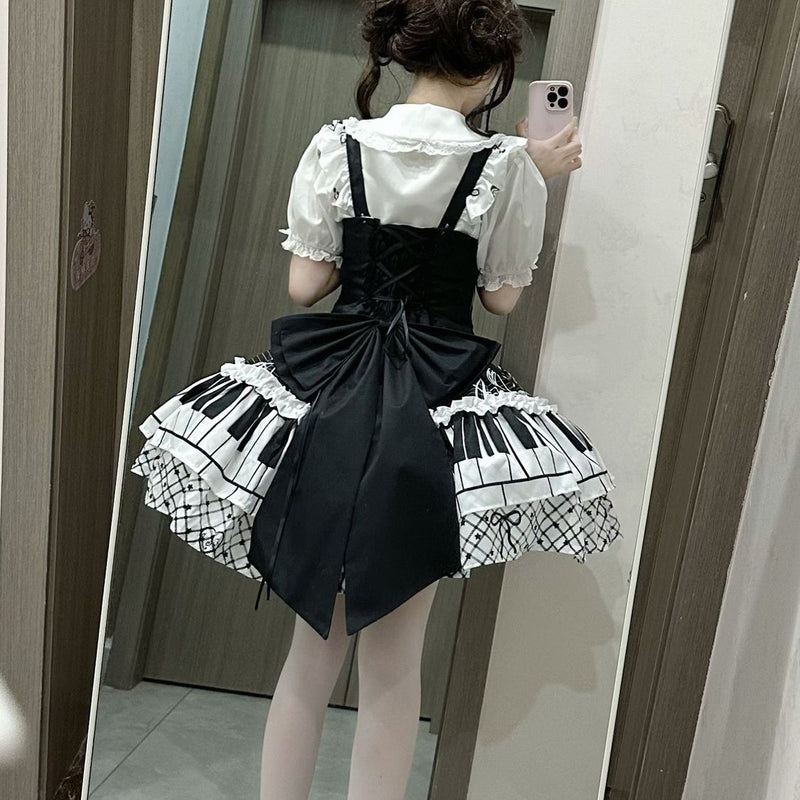 Black & White Sonata Piano Print Lolita JSK Dress - back and detachable train details
