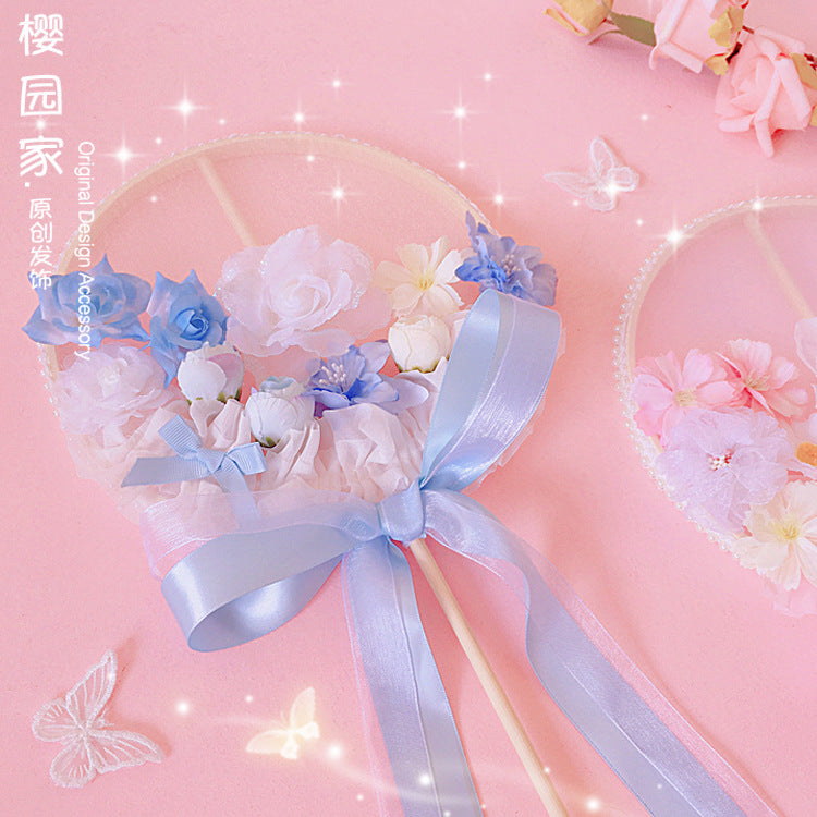 Original Handmade Blue Sakura Lolita Long Handle Round Fan Gorgeous Tea Party Lolita Fairy Wand Photo Prop