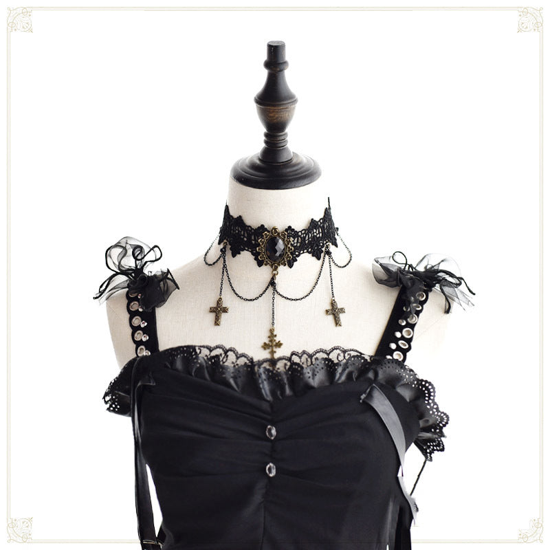 Gothic Dark Lolita Lace Necklace Y2K Harajuku Subculture Black Cross Choker - Lolita Fetch