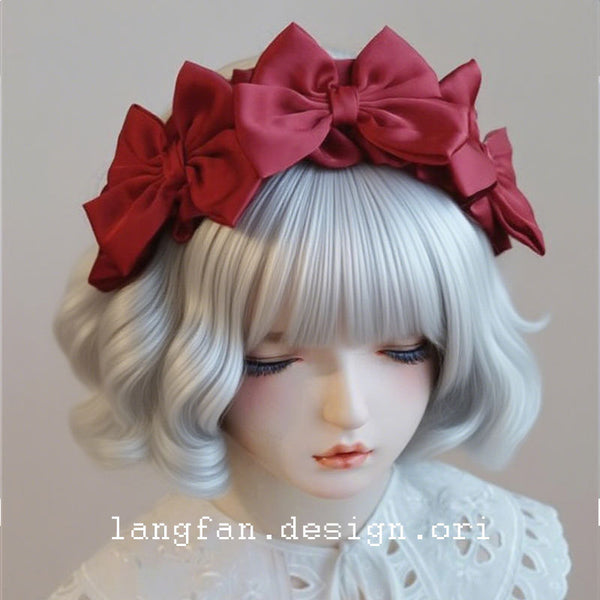 Original Handmade Red Wine Red Bow Hairband Headband Japanese Korean Lolita Ruffled Frill - Lolita Fetch