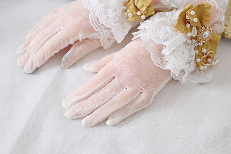 Xiaogui - Vintage Lolita Gloves Lace Bow Bead - Chain Sunscreen Gloves Hand Accessory