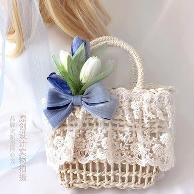 Original Handmade Pink Tulip Lolita Small Sun Hat Straw Hat Oil Painting Style Travel Photography Woven Bag Basket