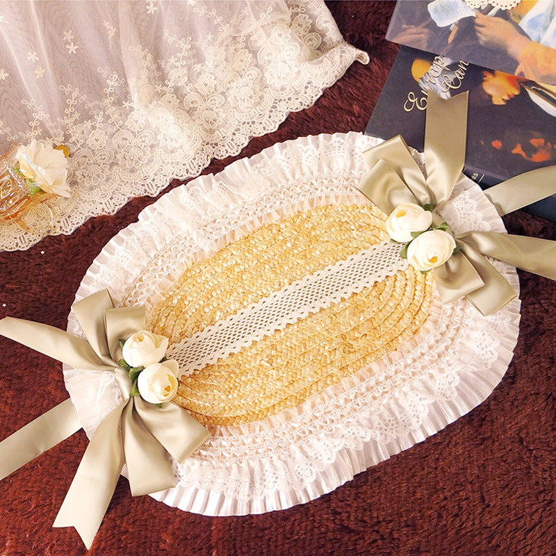 Fanmao Lolita French Flat Bonnet - Multi-color Pastoral Style Women's Summer Straw Hat