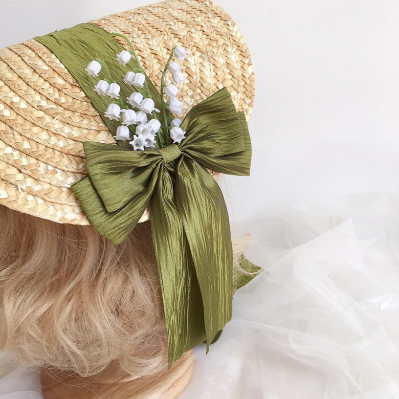 Original French Pastoral Lolita Handmade Lily of the Valley Forest Style Bowknot Bnt Flat Hat Straw Hat Photo Shoot Catwalk Cla