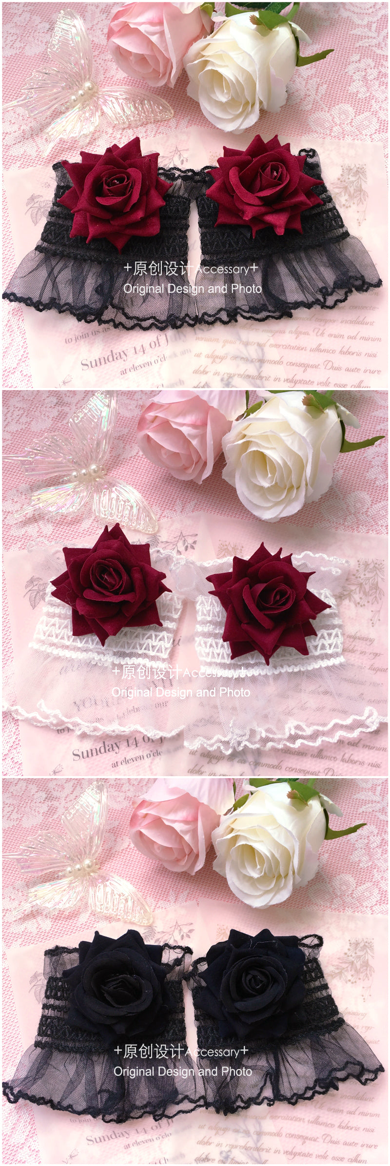 Dark Lolita Lace Wrist Cuffs for Women, Burgundy Rose Dress Cuffs with