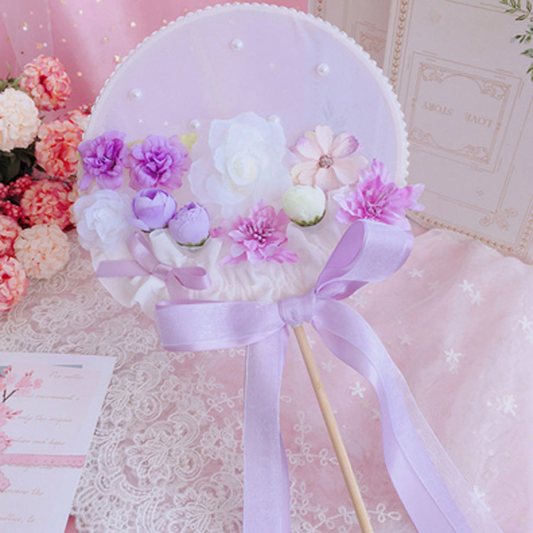 Original Handmade Blue Sakura Lolita Long Handle Round Fan Gorgeous Tea Party Lolita Fairy Wand Photo Prop