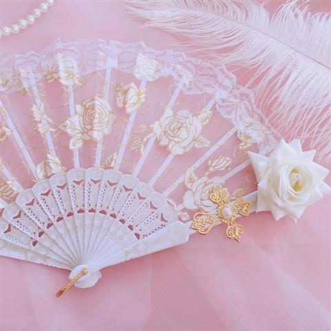 Lolita Lace Fan Gorgeous Retro European Style Rose Folding Fan Tea Party Dark Gothic Comic Con Cosplay Prop