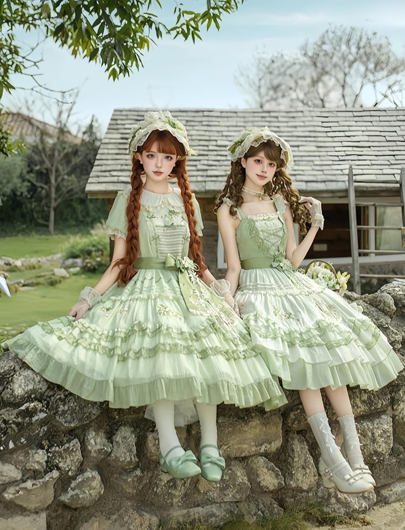 With PUJI - Green Grape - Embroidered Country Lolita OP Dress, Tiered JSK