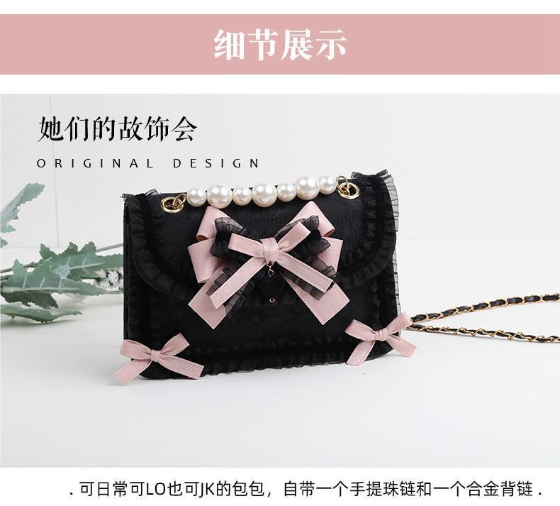 LolitaFetch Character Motif Lolita Handbag featuring Kuromi and Cinnamoroll with lace accents, stylish bag with cute character designs.