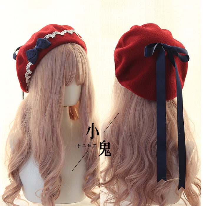 Beret Lolita Sweet Woolen Handmade Lace Bow Beret for Girls - Lolita Fetch