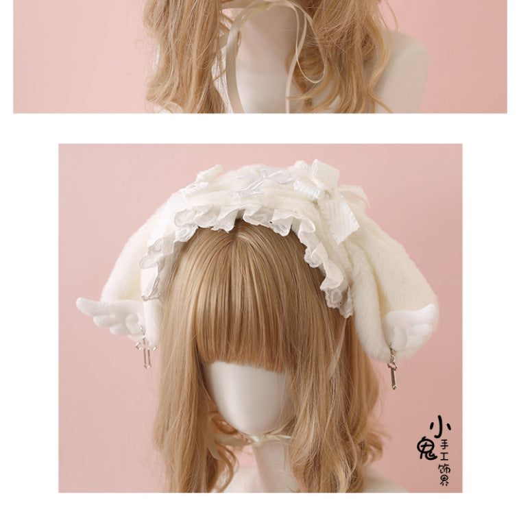 Lolita Bunny Ear Headband Subculture Cute Plush Angel Wings Lolita Hair Accessory Lolita Headwear