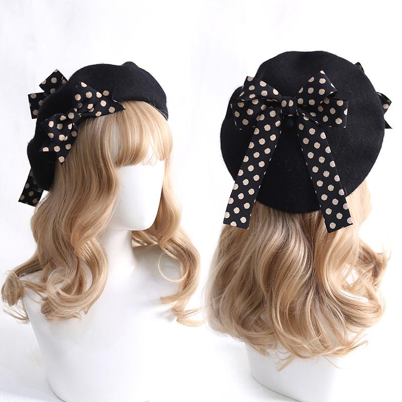 Xiaogui - Sweet Lolita Red Polka Dots Bow - Beret Hat Headwear