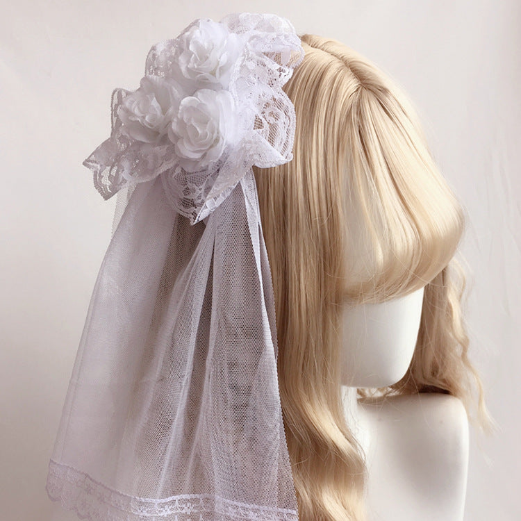 Japanese Lolita Hair Accessories Rose Hair Clip Lace Veil Side Clip Soft Girl Cute Lolita Bridal Veil