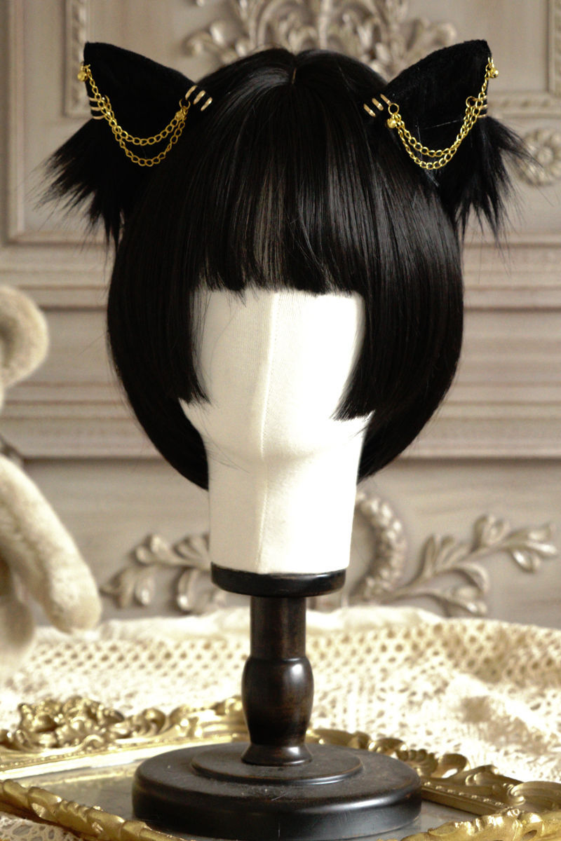 Original Handmade Lolita Chain Black Cat Ear Gothic Style Exotic Beast Ear Hair Clip Cosplay Comic Exhibition