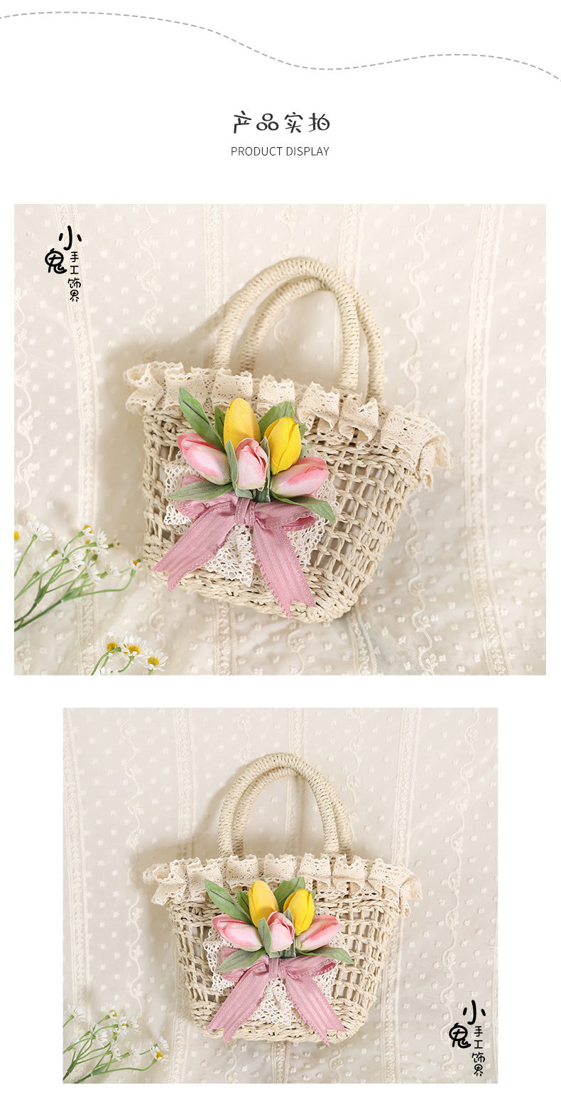 Elegant Lolita Tulip Lace Pastoral Handbag with bowknot, straw material, and eclectic style from LolitaFetch.