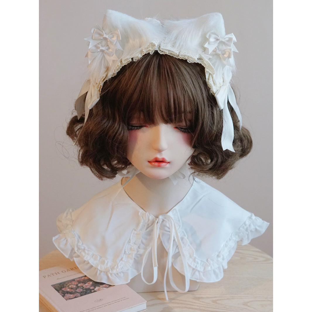 Original Handmade White Cat Ear Bow Hairband with Ruffled Edge Japanese Korean Lolita Style