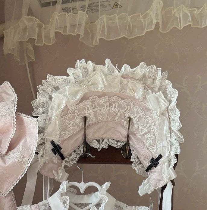 Snow Meow Sweet Princess Lolita floral lace bonnet from LolitaFetch featuring delicate lace trim and a cute, feminine design.
