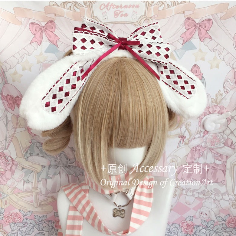 LolitaSweet Cute Lop Ear Rabbit Bow KC Headband worn with Lolita fashion dress, featuring adorable bunny ears and a large bow.