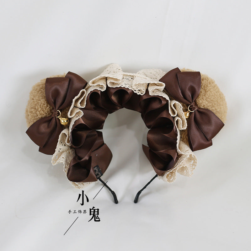 Handmade Lolita Bear Ear Bow Lace Headband with cute bear ears and lace details, perfect as a Lolita hair accessory.