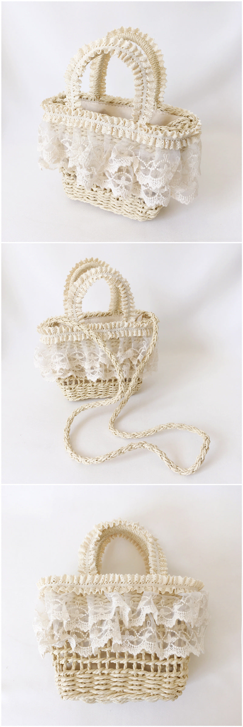 Straw Handbag Original Handmade Lolita French Pastoral Style Lace Edge Soft Girl Mori Beach Woven Bag for Women